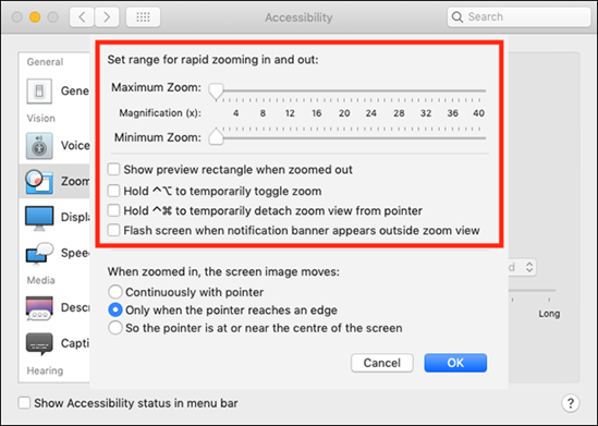 Options to configure the full-screen zoom